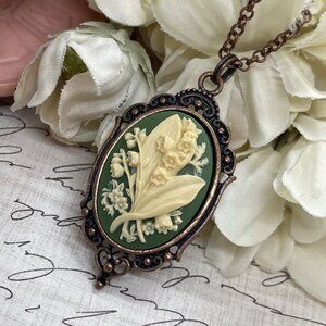 COPPER Green Lily of the Valley Cameo Easter Pendant Necklace Charm Wedding Gift